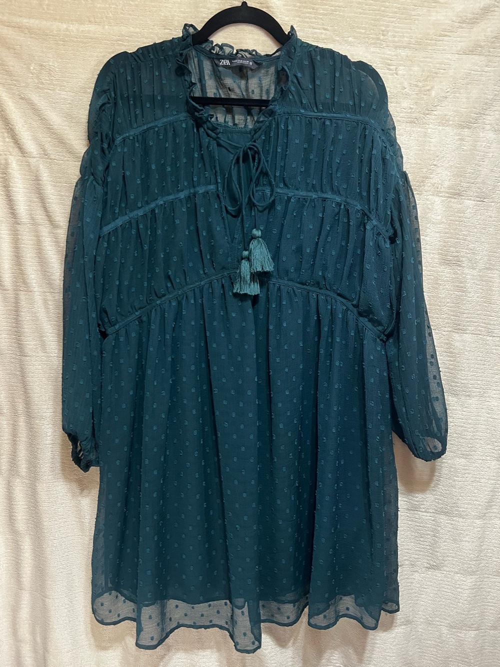 Zara Teal Swiss Dot Boho Dress XL Romantic Tassel Tie Long Sleeve Lined